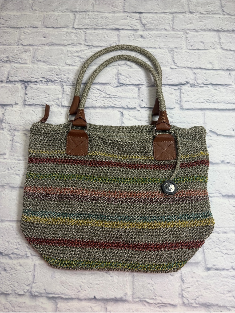 The Sak Taupe & Multicolor Striped Woven Tote with Brown Leather Trim